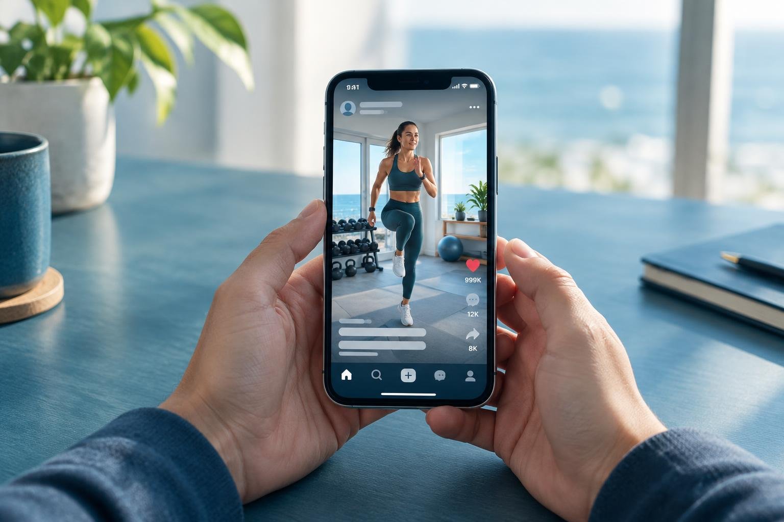 A hand holds a phone showing a short-form fitness video post with many likes, on a calm ocean-blue desk.